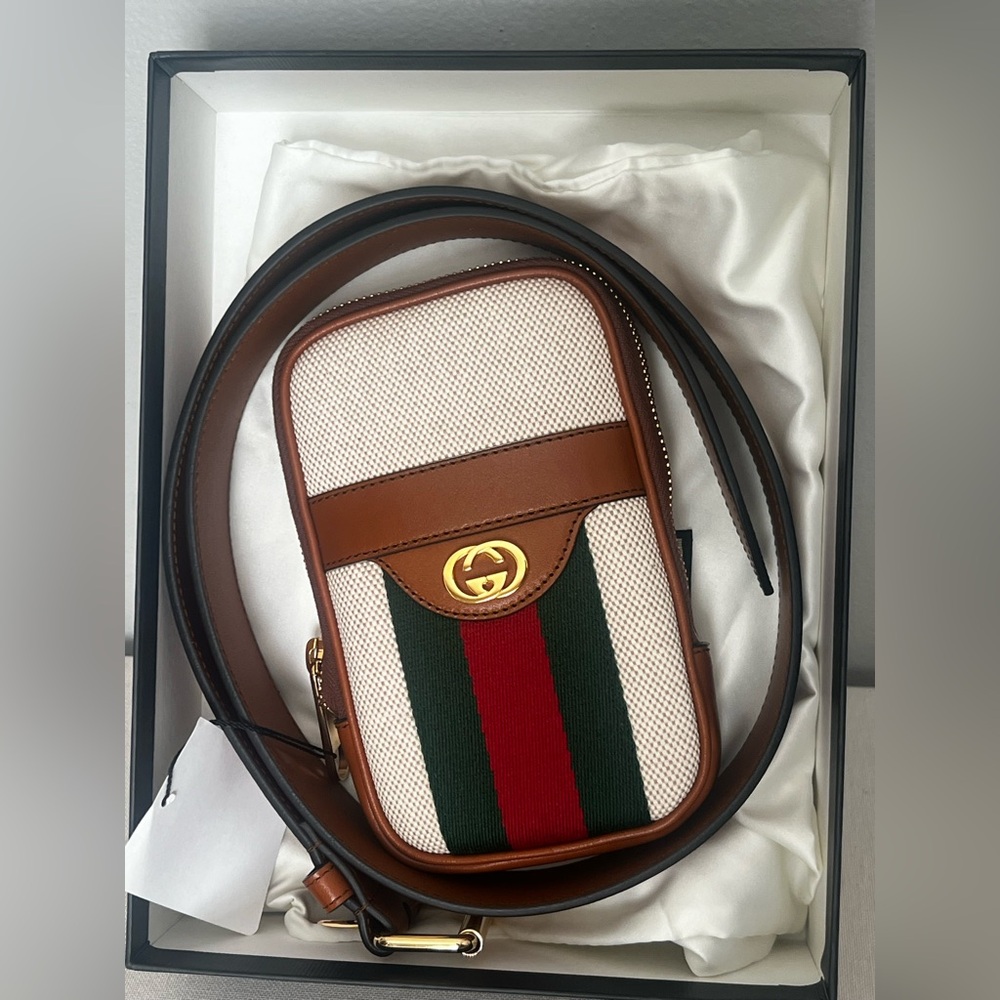 NIB Gucci Canvas and Leather Striped Belt Bag - Picture 1 of 10